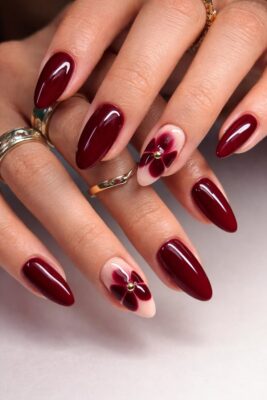 Nailea Premium Maroon Floral Press-On Nails