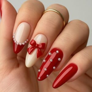 Cherry Red Bow & Pearl Romance Almond Nails