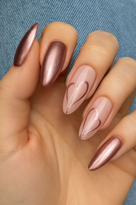 Rose Chrome Heart Nails