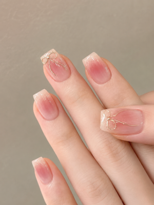 Milky Pink Ombre Bow Nails