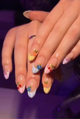 Pastel Striped Floral Nail Art